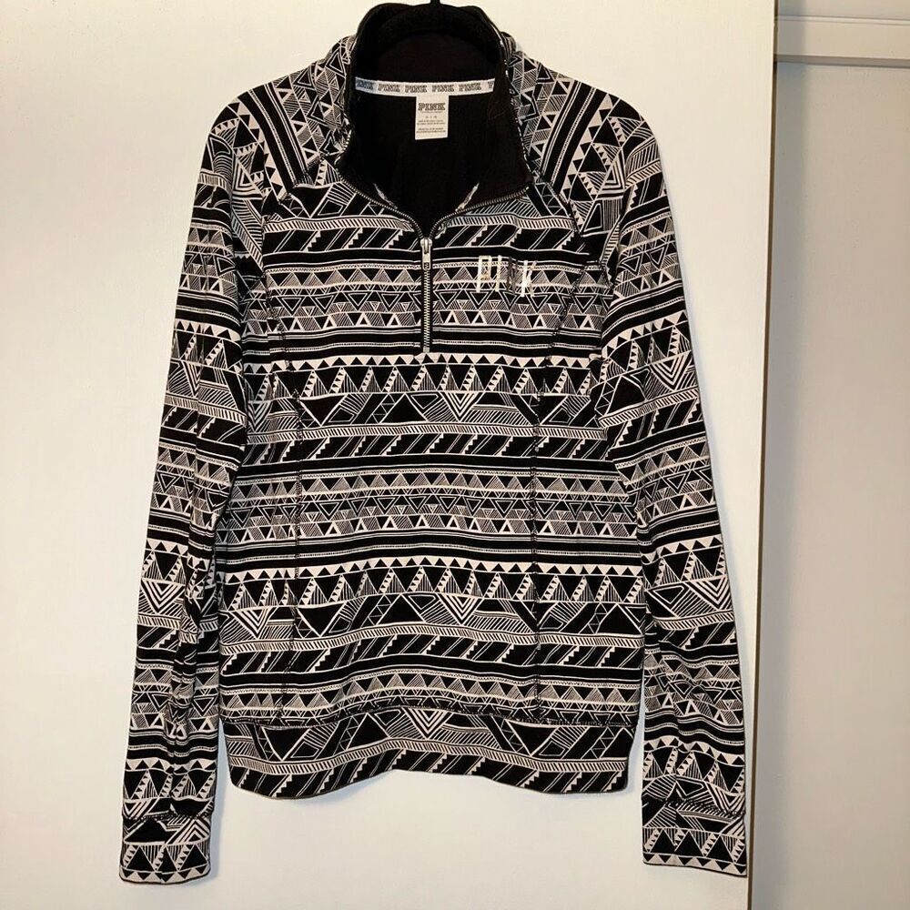 VS PINK Womens Black Tan Patterned Quarter Zip Pullover Size Large EUC
